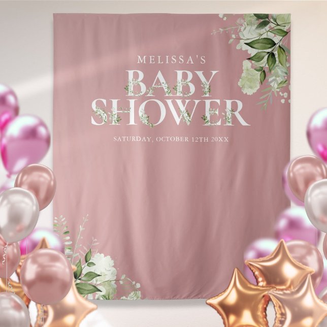 Tapiz Fondo de fotos de baby shower Dusty Rose Greenery (Dusty Rose Greenery Baby Shower Photo Backdrop)