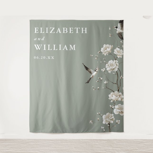 Tapiz Fondo de fotos de boda de Chinoiserie Verde Salvia (Anverso)