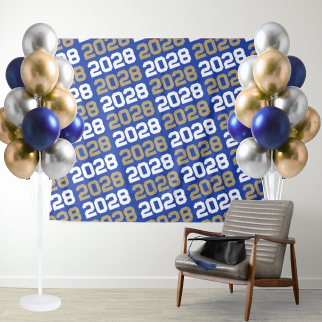 Tapiz Fondo de graduación azul y dorado (Trendy Modern Blue & Gold Graduation Repeating Class Year Party Backdrop)