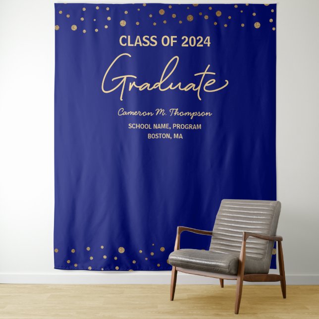 Tapiz Fondo de graduación Royal blue Gold Class de 2024 (In situ)