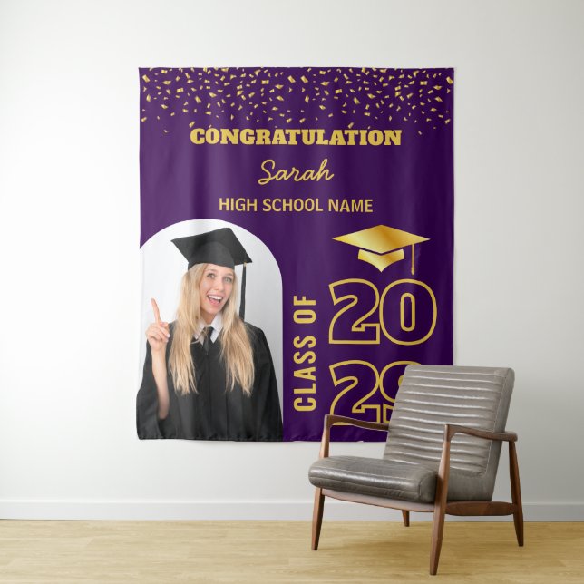 Tapiz Fondo de graduación y foto de Personalizado morado (In situ)
