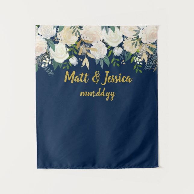 Tapiz Fondo de la boda personalizada Foto Booth Navy Blu (Anverso)