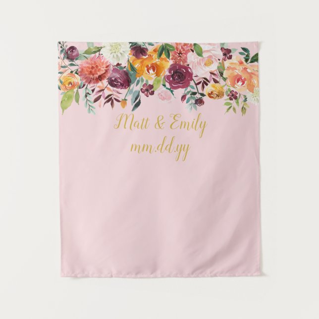 Tapiz Fondo de la cabina fotográfica de Boda rosa y dora (Anverso)