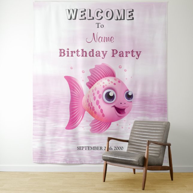 Tapiz Fondo de la fiesta de cumpleaños de peces rosados (In situ)