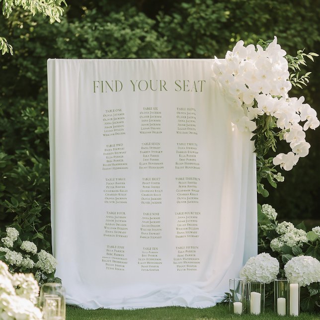 Tapiz Fondo de la tabla de asientos de los Bodas verdes  (White & Sage Green Wedding Seating Chart Backdrop)