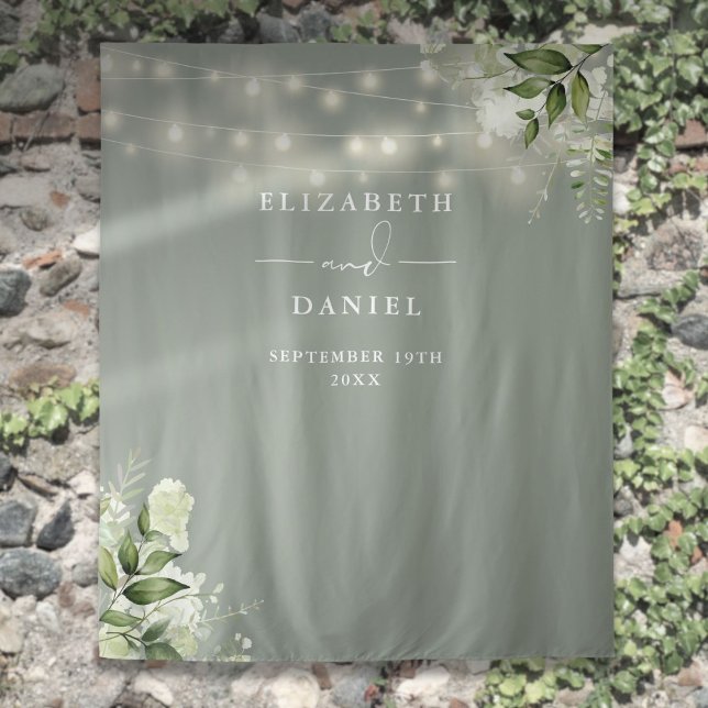 Tapiz Fondo de luces florales verdes de salvia para boda (Sage Green Floral Lights Wedding Photo Backdrop)