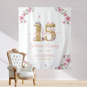 Tapiz Fondo de Mis Quince Quinceañera Rosa y Dorado