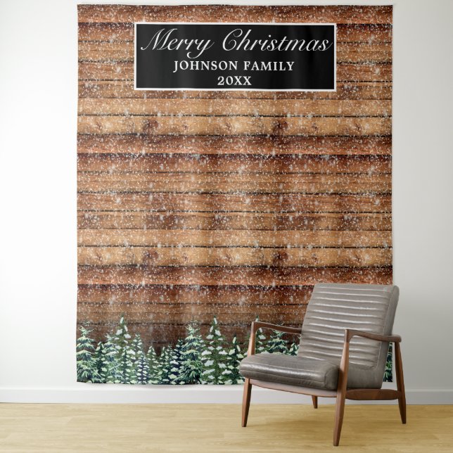 Tapiz Fondo de Navidad de Bosque de Madera Nevada Foto (In situ)