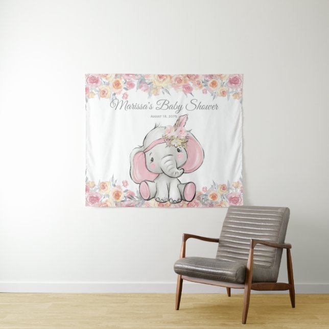 Tapiz Fondo de niña rosa boho elefante baby shower M (In situ (horizontal))