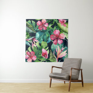 Tapiz Fondo de Paraíso Floral de Hibisco Tropical Oscuro