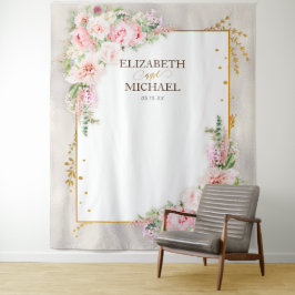 Tapiz Fondo de peonía floral rosa con guión dorado y mar