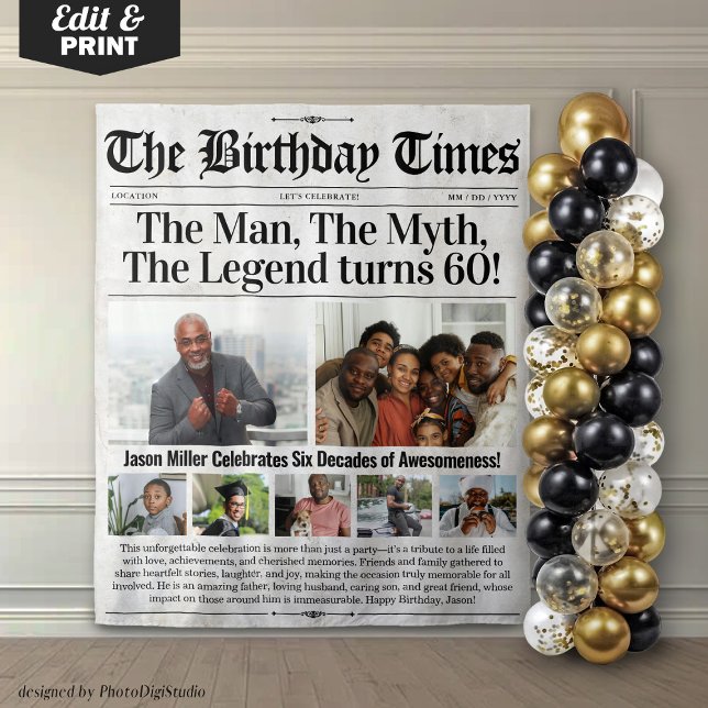 Tapiz Fondo de periódico de cumpleaños personalizado con (Custom Birthday Newspaper Backdrop with Photos)