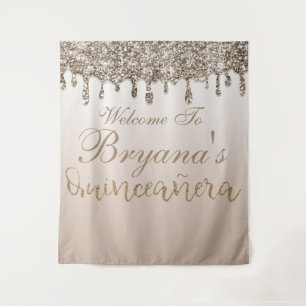 Tapiz Fondo de Quinceañera con Goteo de Purpurina Dorado