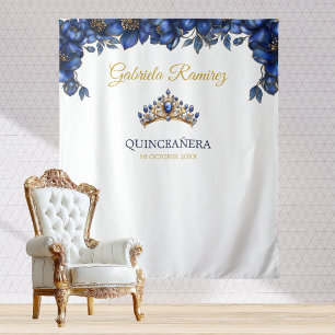 Tapiz Fondo de Quinceañera Floral Azul Real Dorado