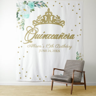 Tapiz Fondo de quinceañera floral azul verdoso