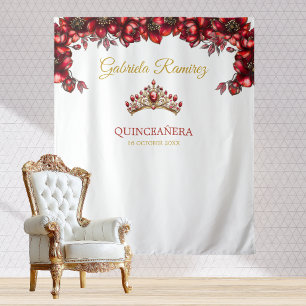 Tapiz Fondo de Quinceañera Floral Dorado Rojo