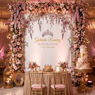 Tapiz Fondo de Quinceañera Floral Dorado Rosa Sonrosado