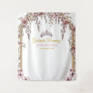 Tapiz Fondo de Quinceañera Floral Dorado Rosa Sonrosado