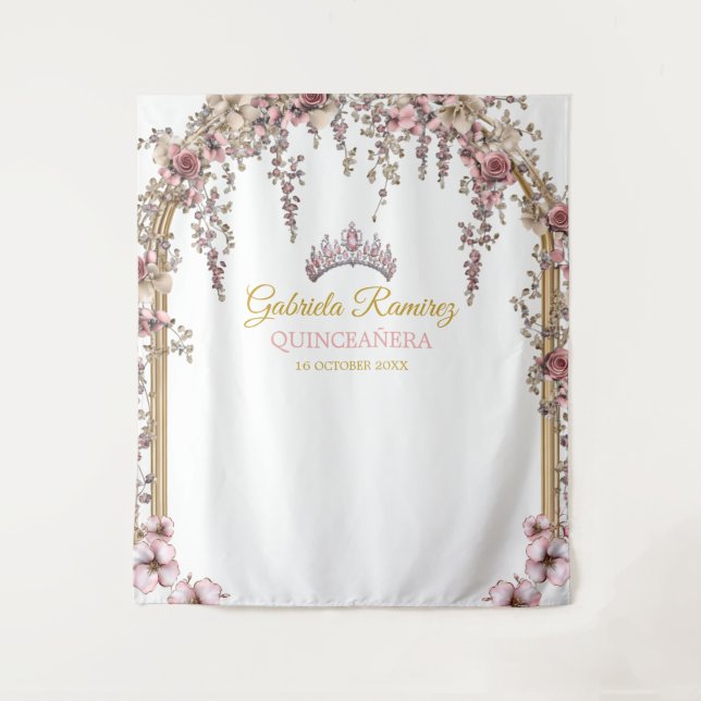 Tapiz Fondo de Quinceañera Floral Dorado Rosa Sonrosado (Anverso)