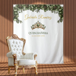 Tapiz Fondo de Quinceañera Floral Verde Esmeralda Dorado