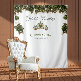 Tapiz Fondo de Quinceañera Rosas Doradas Verde Esmeralda