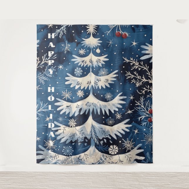 Tapiz Fondo de vacaciones Blue White Christmas Tree (Anverso)