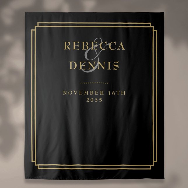 Tapiz Fondo Del Conjunto De Fotos Del Boda De Deco Negro (Black And Gold Deco Wedding Photo Booth Backdrop)