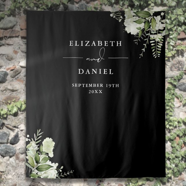 Tapiz Fondo del cuerpo fotográfico del Boda floral blanc (Black White Floral Wedding Photo Booth Backdrop)