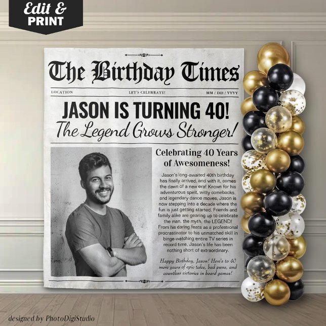 Tapiz Fondo del periódico personalizado Birthday con fot (Custom Birthday Newspaper Backdrop with Photo)