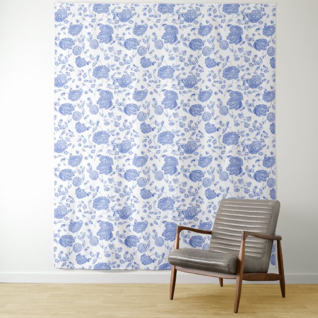 Tapiz Fondo elegante y chic de toile floral blanco azul (In situ)