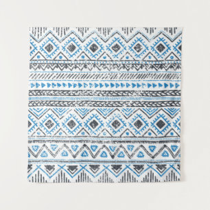 Tapiz Fondo étnico azul, blanco sin costura.