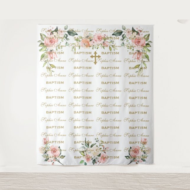 Tapiz Fondo floral de bautizo con repetición de pasos y  (Anverso)