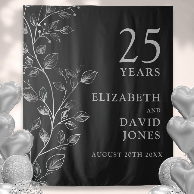 Tapiz Fondo floral plateado para fotos de aniversario de (Floral Silver 25th Anniversary Photo Backdrop)