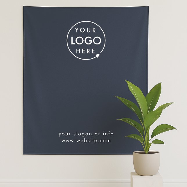 Tapiz Fondo fotográfico azul marino de paso y repetición (Navy blue company branded backdrop tapestry fabric drape signage for small business promotion.)