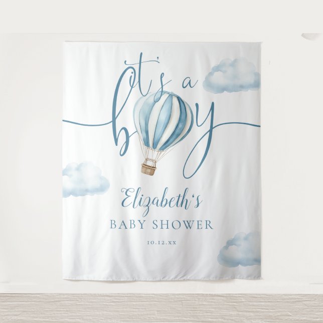 Tapiz Fondo fotográfico Baby Shower de Blue Hot Air Ball (Anverso)