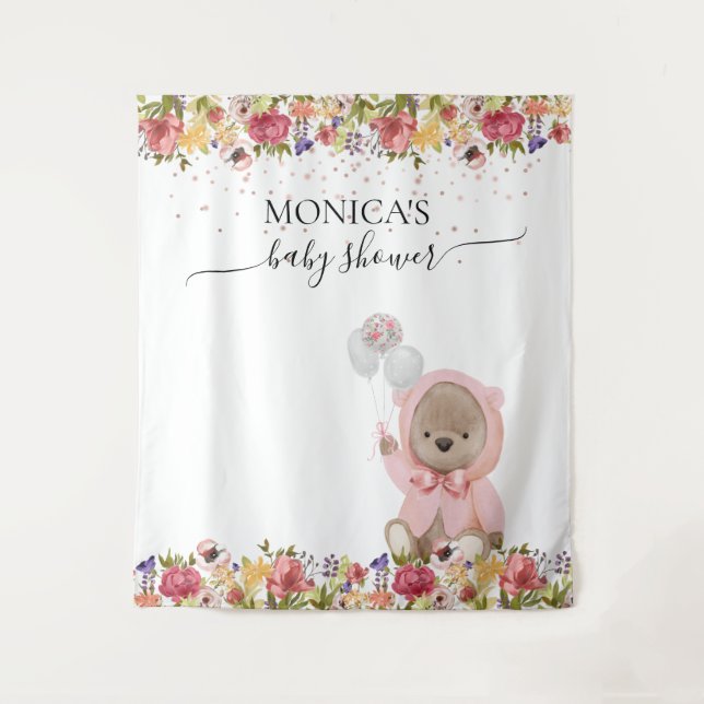Tapiz Fondo fotográfico Baby Shower Pink Teddy Bear (Anverso)