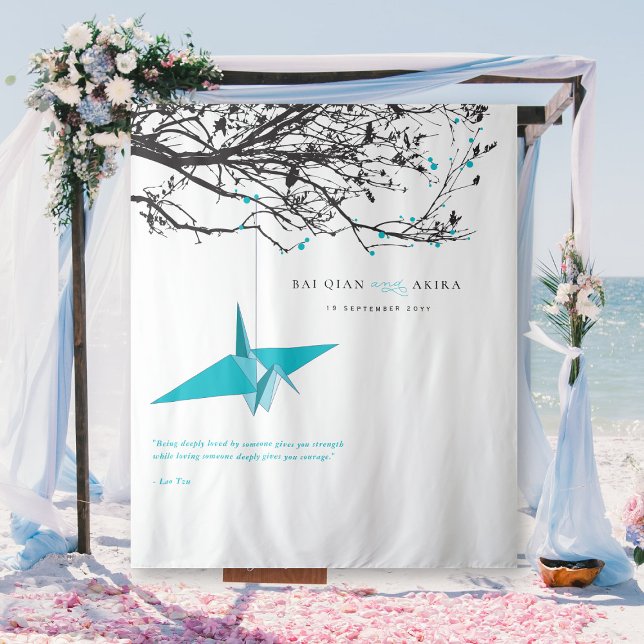 Tapiz Fondo fotográfico colgante del Boda de la grúa del (Hanging Blue Origami Paper Crane Branches Asian Wedding Photo Backdrop Tapestry @ fatfatin_red_knot)