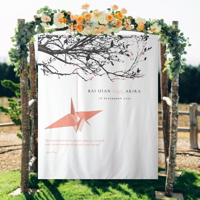 Tapiz Fondo fotográfico del Boda de la grúa de papel cor (Hanging Origami Orange Paper Crane Asian Wedding Photo Backdrop Tapestry @ fatfatin_red_knot)