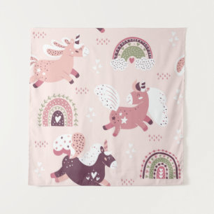 Tapiz Fondo mágico con poco unicornio y arcos de lluvia