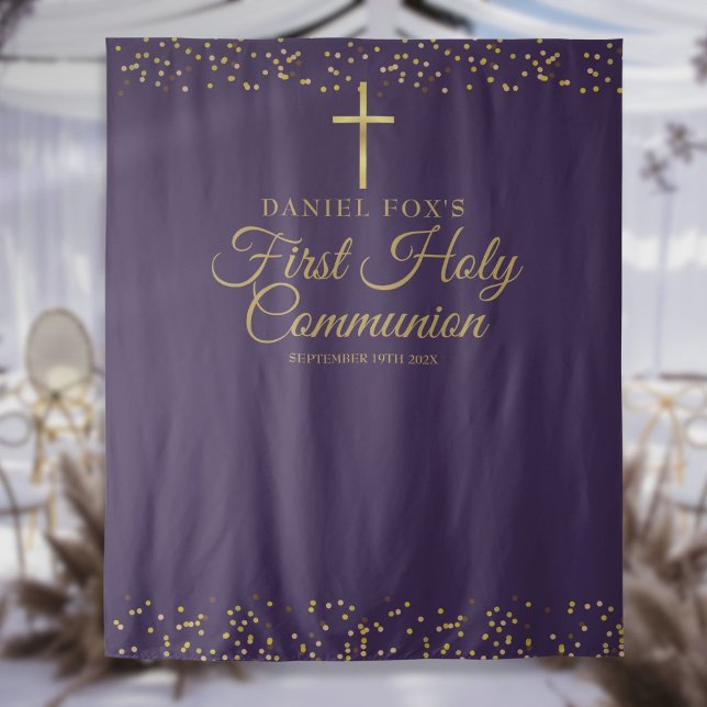 Tapiz Fondo morado y dorado para fotos de Primera Comuni (First Communion Purple Gold Photo Backdrop)