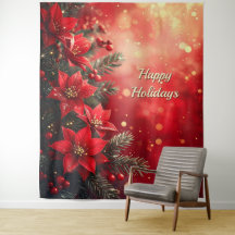 Fondo Navideño de Poinsettias Rojas y Bayas