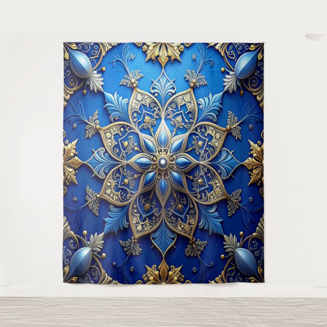 Tapiz Fondo Navideño Decorativo Azul Dorado (Anverso)