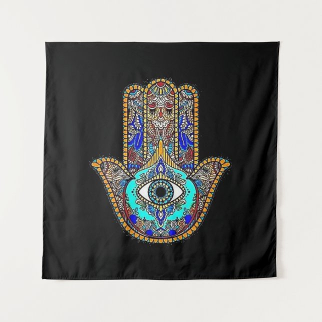 Tapiz Fondo negro de diseño de Hamsa (Anverso)