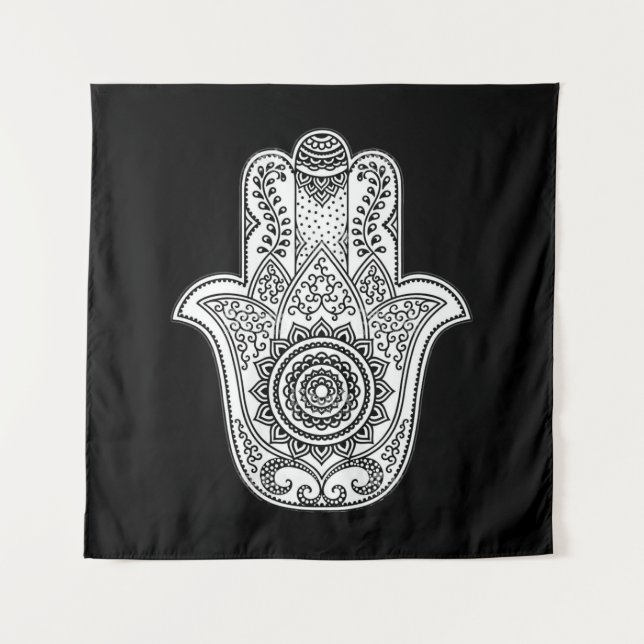 Tapiz Fondo negro de diseño de Hamsa (Anverso)