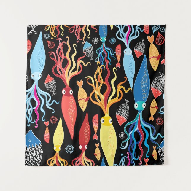 Tapiz Fondo negro de peces de calamar multicolor (Anverso)