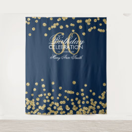 Tapiz Fondo para 60 cumpleaños oro azul marino confeti