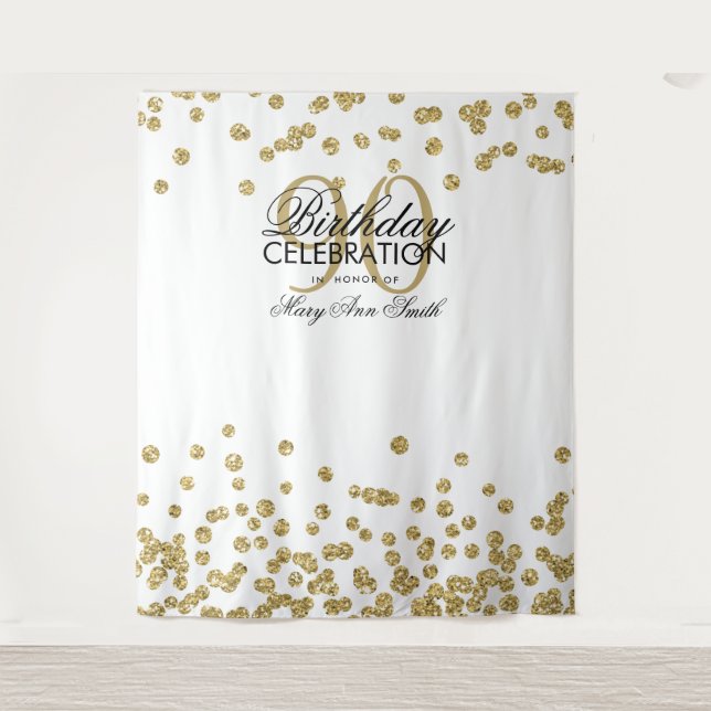 Tapiz Fondo para 90 cumpleaños oro blanco confeti (Anverso)