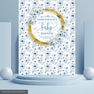 Tapiz Fondo para Baby Shower de Flores Doradas Azul Polv