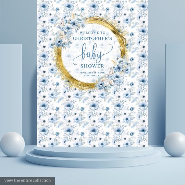 Tapiz Fondo para Baby Shower de Flores Doradas Azul Polv (Cute Dusty Blue Gold Flowers Baby Shower Backdrop

)