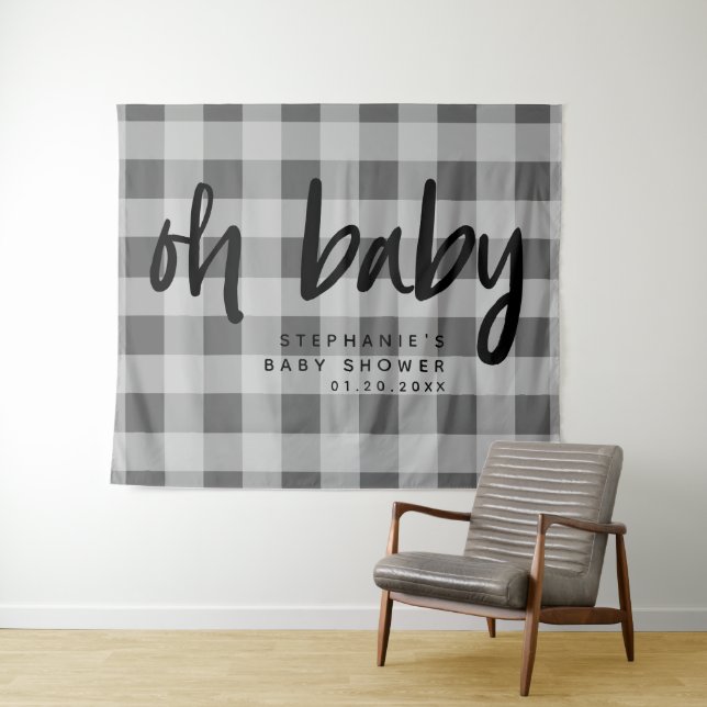 Tapiz Fondo para Baby Shower Gris Gingham Moderno (In situ (horizontal))